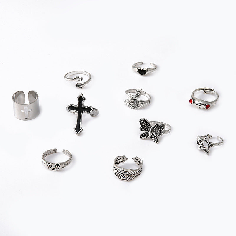 Exaggerated Oil Cross Personality Ring 10 Piece Set