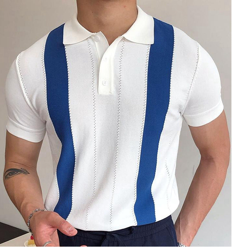 Men's White Striped Slim-fit Short-sleeved Sweater