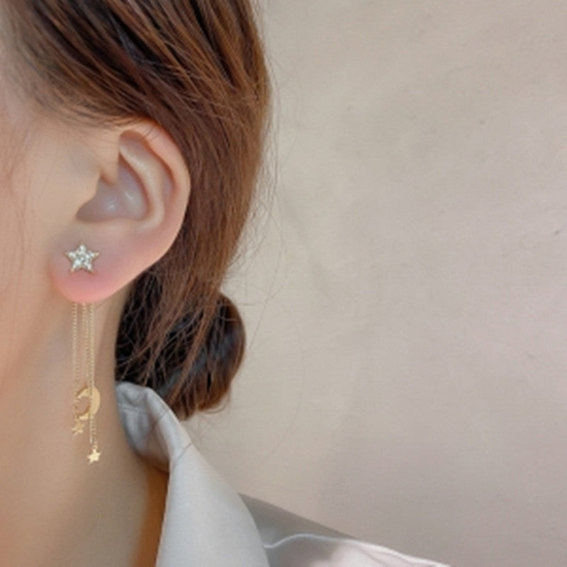 Silver Needle Long Star Moon Earrings Zircon Personality