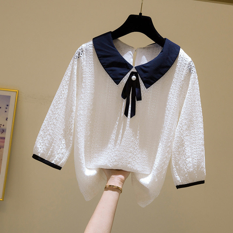 Doll Collar Lace Velvet Top Slimming Shirt