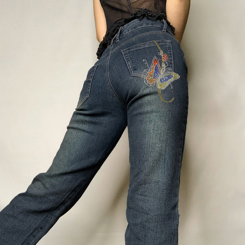 Fashion Women's Sexy High Waist Retro Individual Butterfly Print Bootcut Jeans