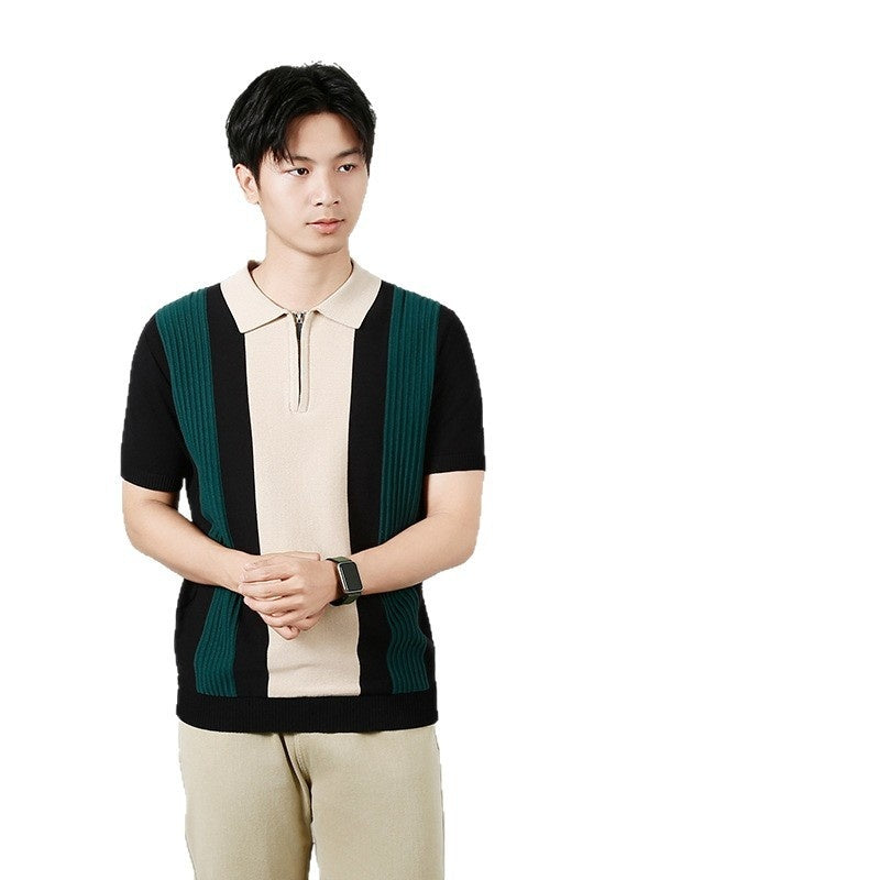 Men's Summer Contrast Color Striped Stitching Advanced Knitted T-shirt