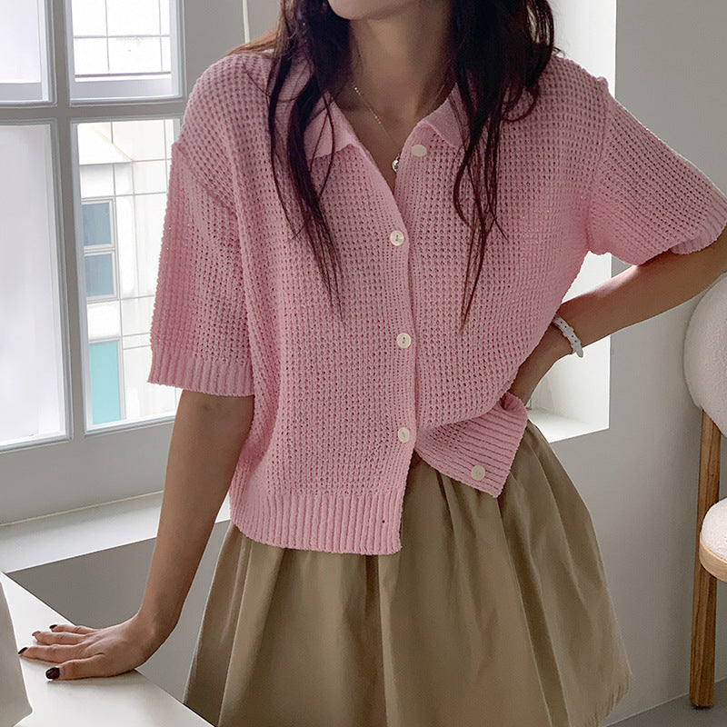 Draping Lapel Cardigan Sweater Solid Color Sweater With Short Sleeves