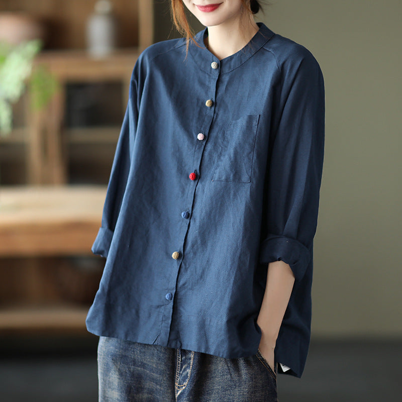 Retro Cotton And Linen Shirt Lady Literature Loose Lapel Long Sleeves Shirt