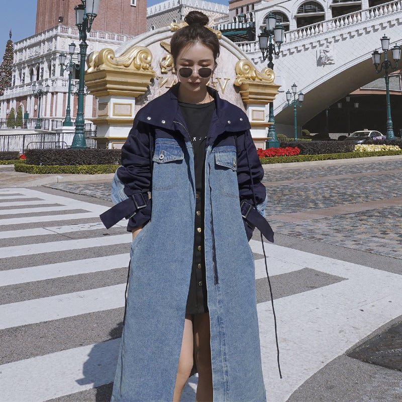 Fashion long denim patchwork dress windbreaker
