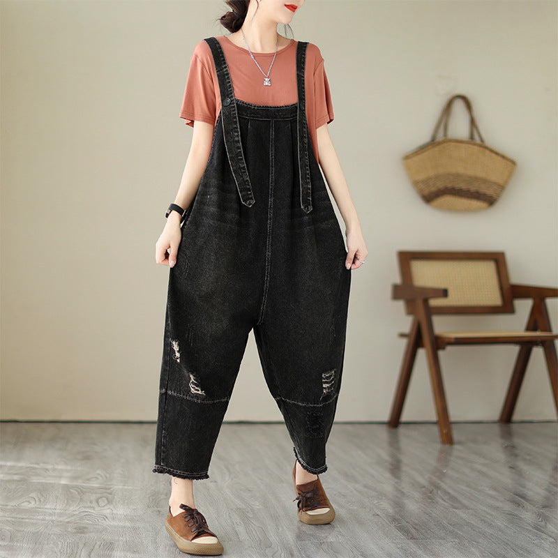 Fashion Distressed Denim Strap Pants