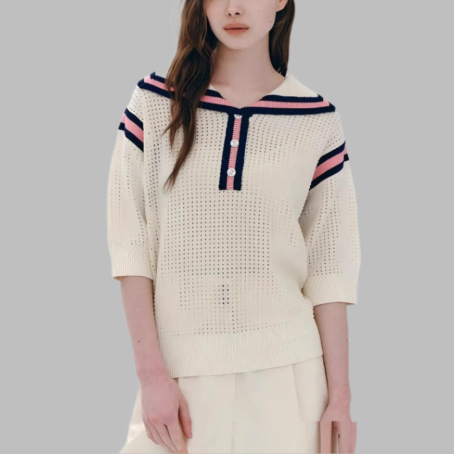 European And American Fashion Casual Preppy Style Collar Color Crocheted Knitted Pullover