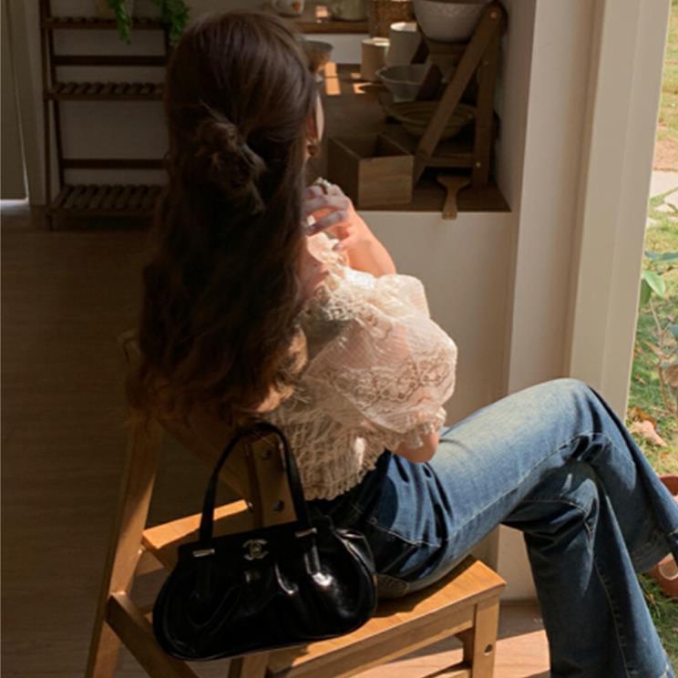 Puff Sleeve White Lace Women's Waist Trimming Short Top