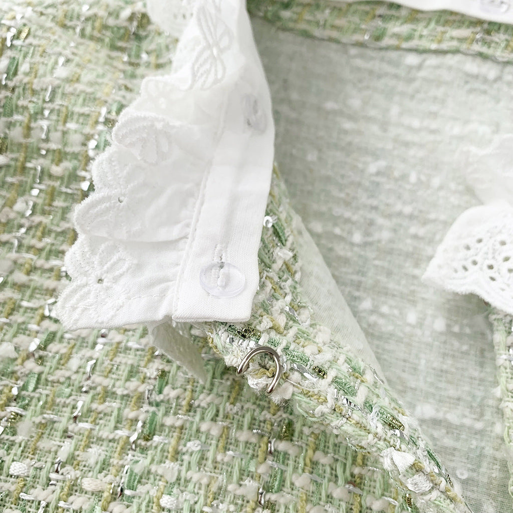 Light Green Tweed Glossy Lace Collar Jacket