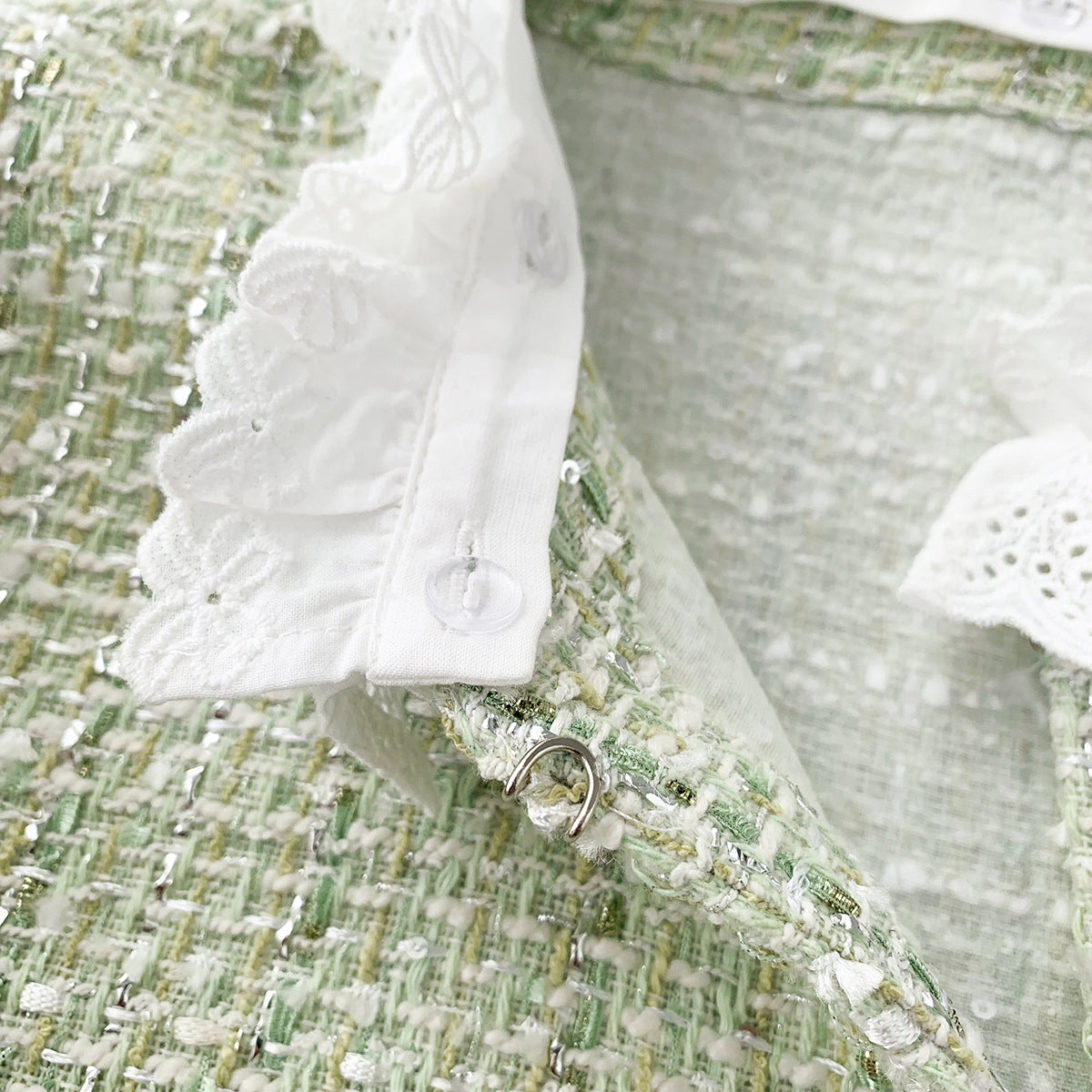 Light Green Tweed Glossy Lace Collar Jacket