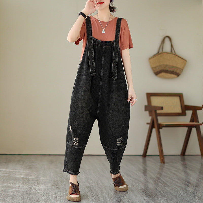 Fashion Distressed Denim Strap Pants