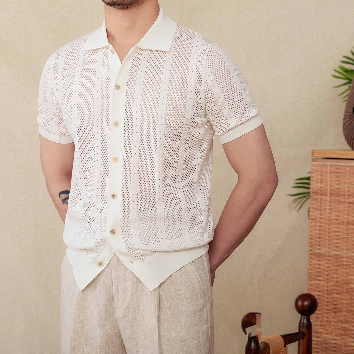 Short Sleeve Lapel Cardigan Breathable Stripes Knitted Casual Shirt Men