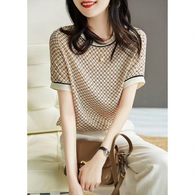 Artificial Silk Loose Slimming Ice Silk Top Printed Chiffon Shirt Fashionable Temperament Short Sleeve T-shirt