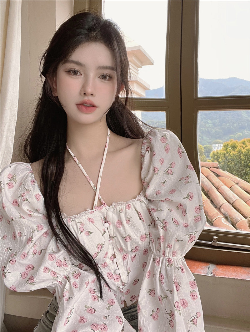 Women's Summer Short White Floral Square Collar Shirt