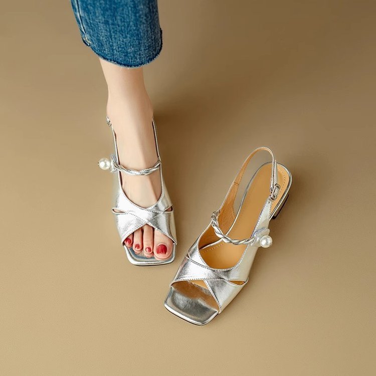 French Style Buckle Open Toe High Heel Fish Mouth Square Toe Sandals Women