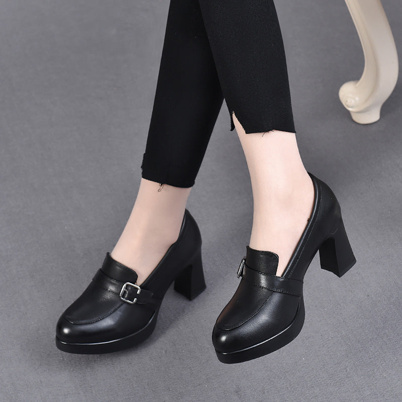 Women's French Chunky Heel Waterproof Platform Retro High Heel Leather Shoes