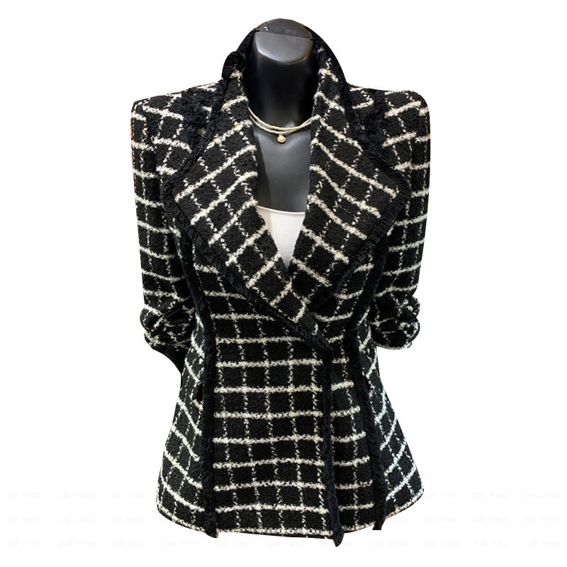 Fashion Small Fragrant Long-sleeved Tweed Plaid Small Suit Waist Woolen Coat Female Quilted