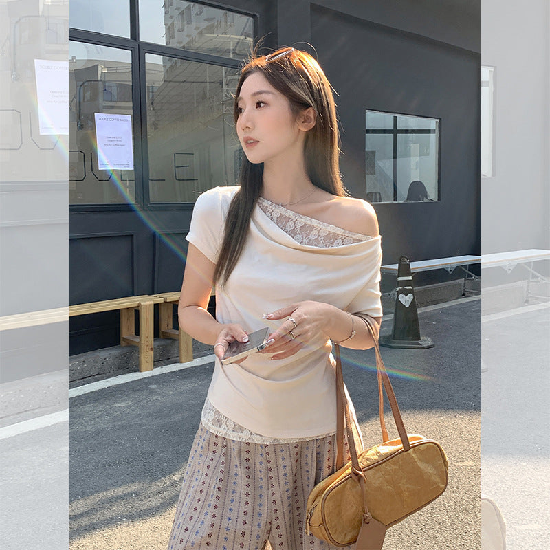 Korean Style Lace Stitching Swing Collar Off-shoulder Short Sleeve T-shirt