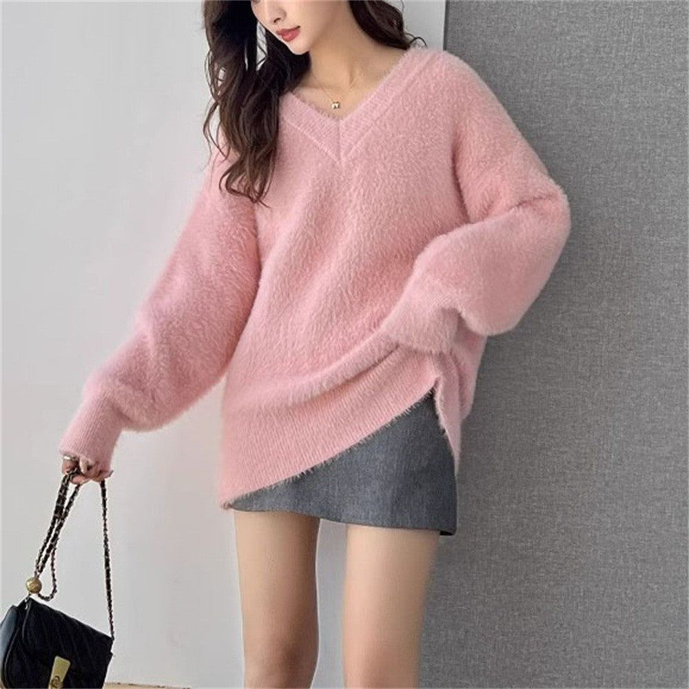 New Gentle Soft Glutinous Sweater Women's V-neck Imitated Mink