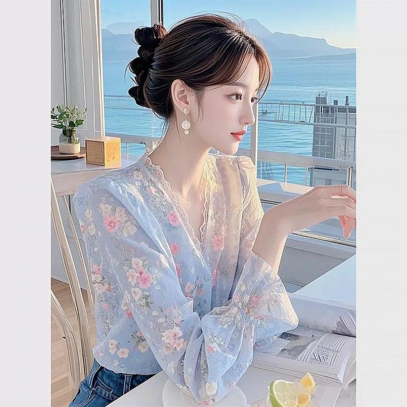 Lace Edge Floral Chiffon Shirt
