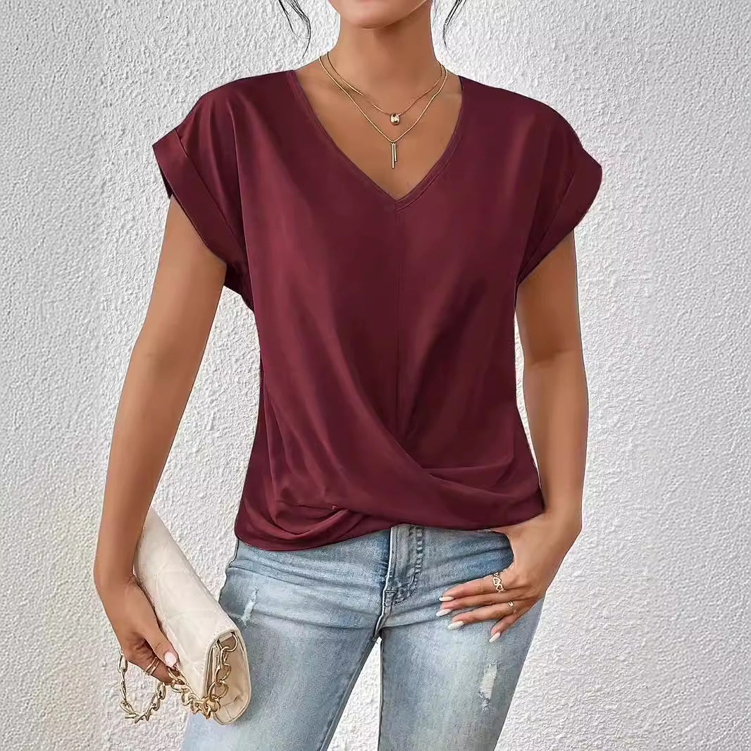 Solid Color V-neck T-shirt Elegant Short Sleeved Top For Spring And Summer Women's Clothing