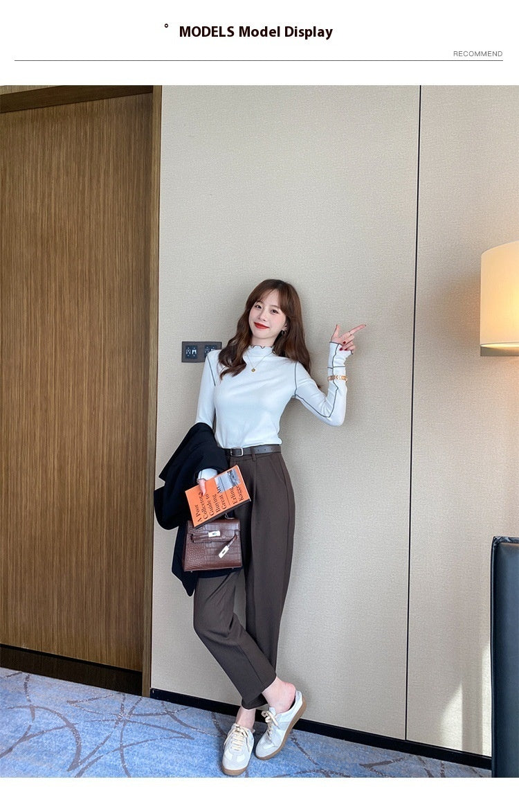 Half Turtleneck Wooden Ear Sweet Spicy Long-sleeved T-shirt Top For Women