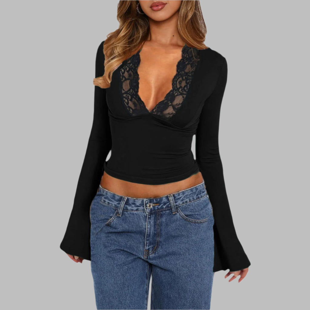 Slim V-neck Lace T-Shirt Ins Fashion Trumpet Sleeve Long-sleeved Top Women Clothing