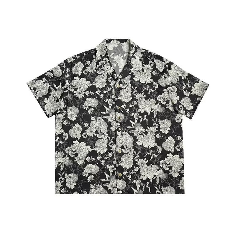Hawaiian Black And White Camellia Summer New Short Sleeve Shirt