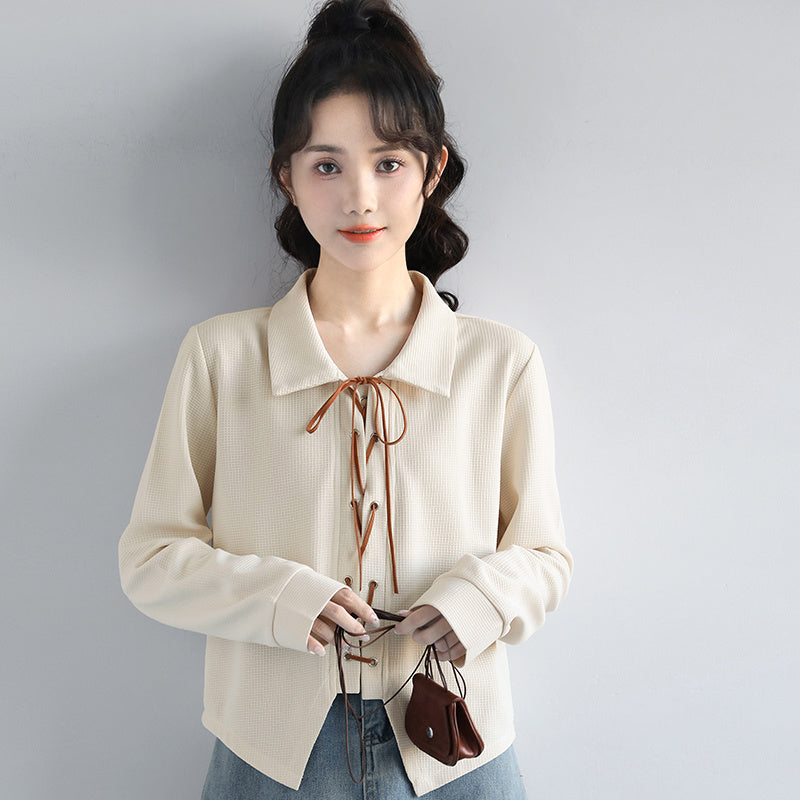 Women's Apricot Long-sleeved Shirt With Loose Polo Collar