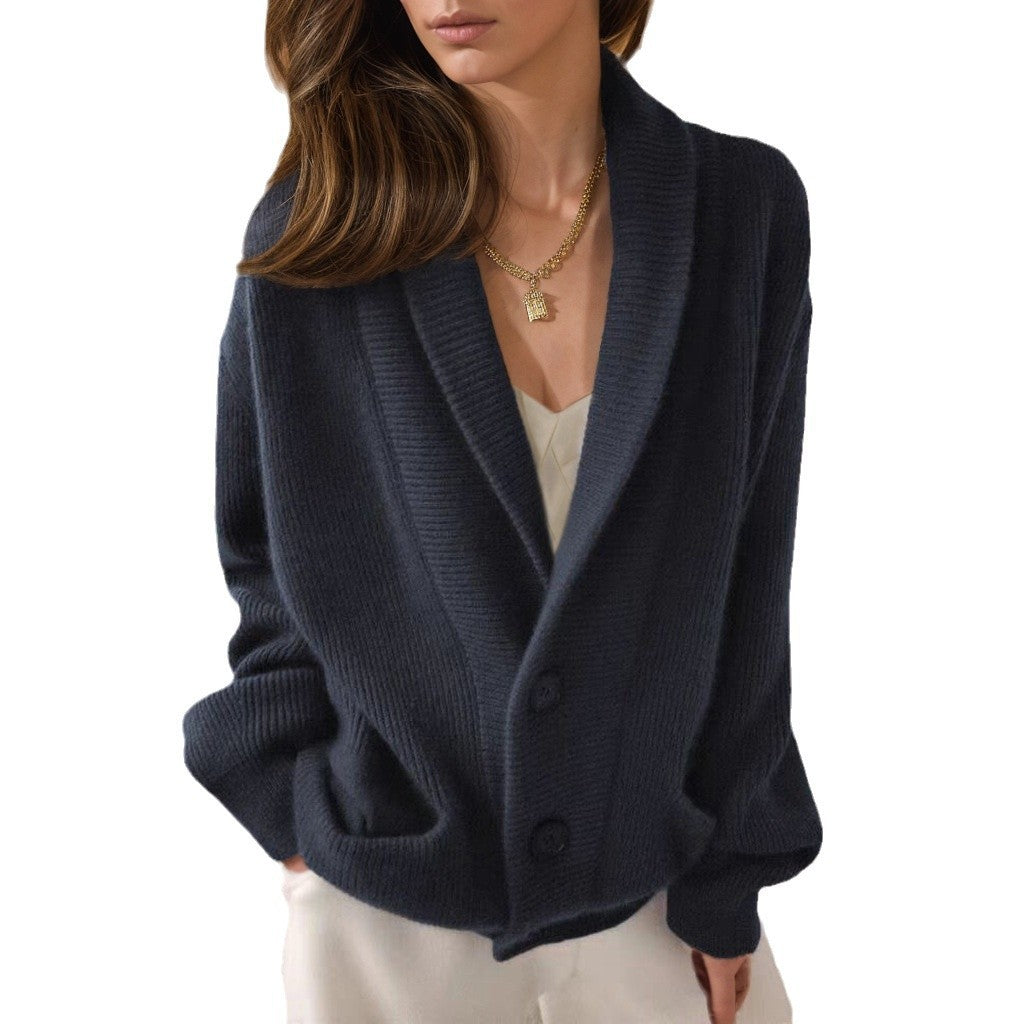 Retro Lapels Solid Color Long Sleeve Knitted Cardigan