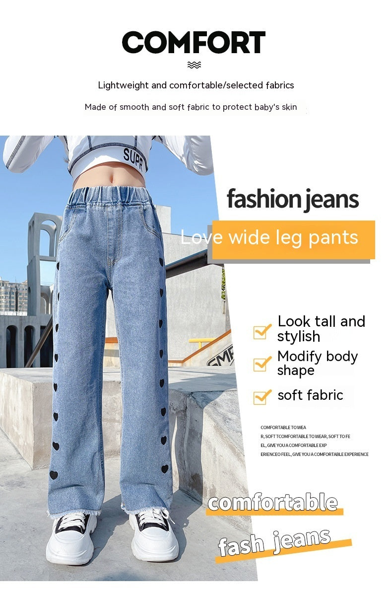Girls Denim Funky Casual Love Wide Leg Pants