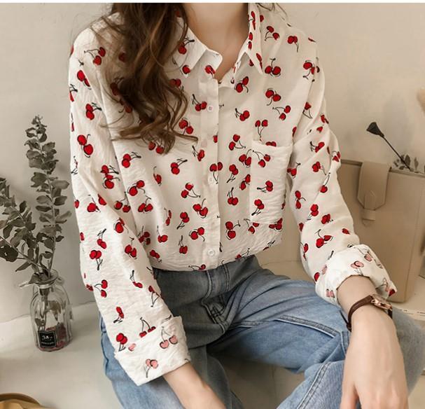 Women's Long-sleeved Shirt Loose Sweet Cherry Printed