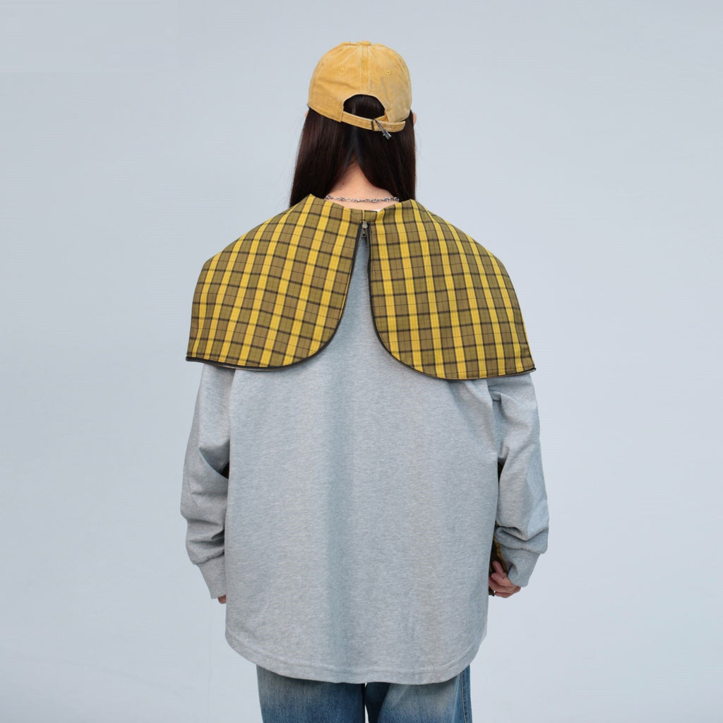 Plaid Stitching Gray Rayon Hooded Cape Shirt