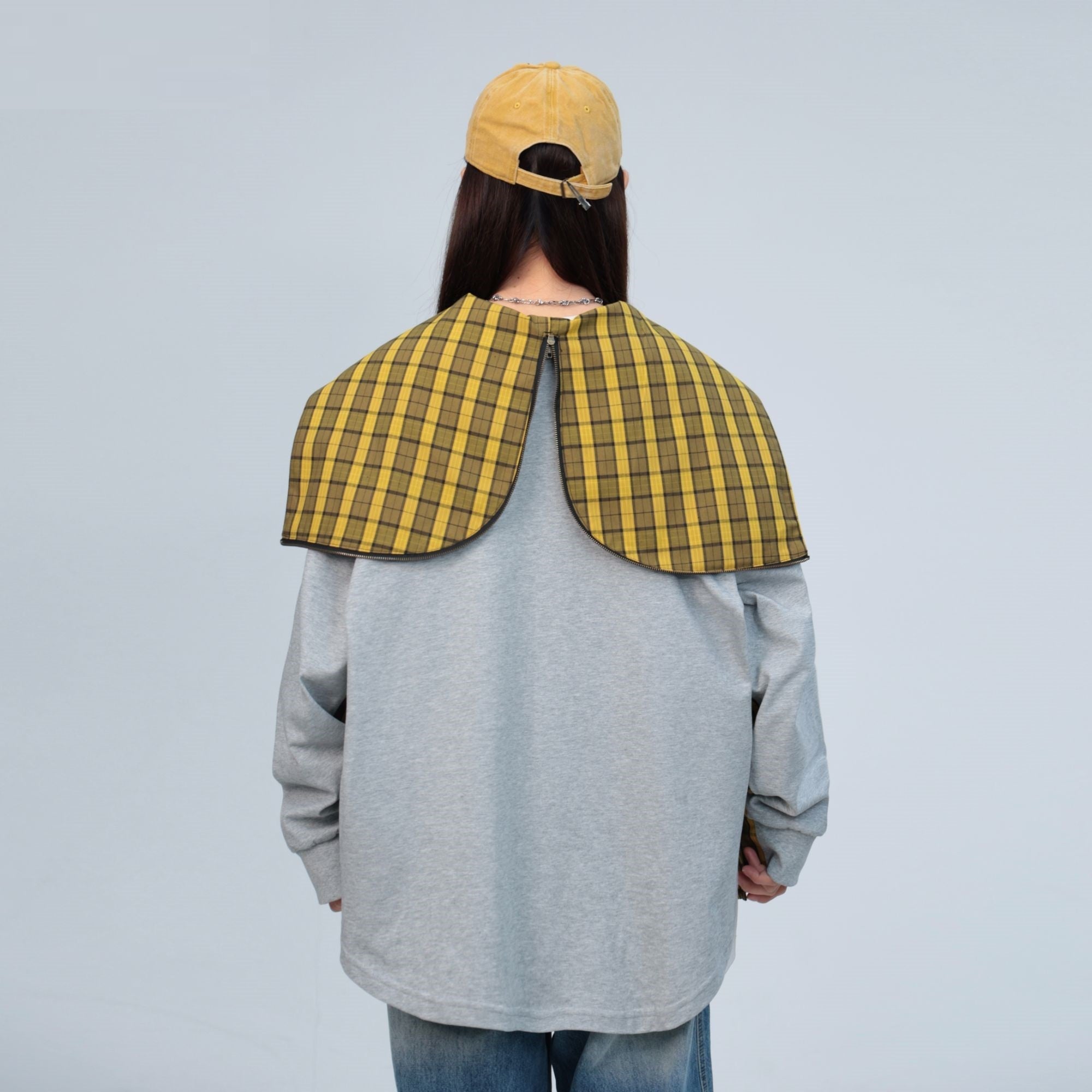 Plaid Stitching Gray Rayon Hooded Cape Shirt