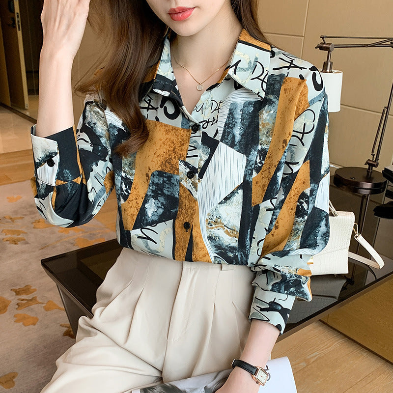 Printed Long-sleeved Shirt Women Loose Design Blouse