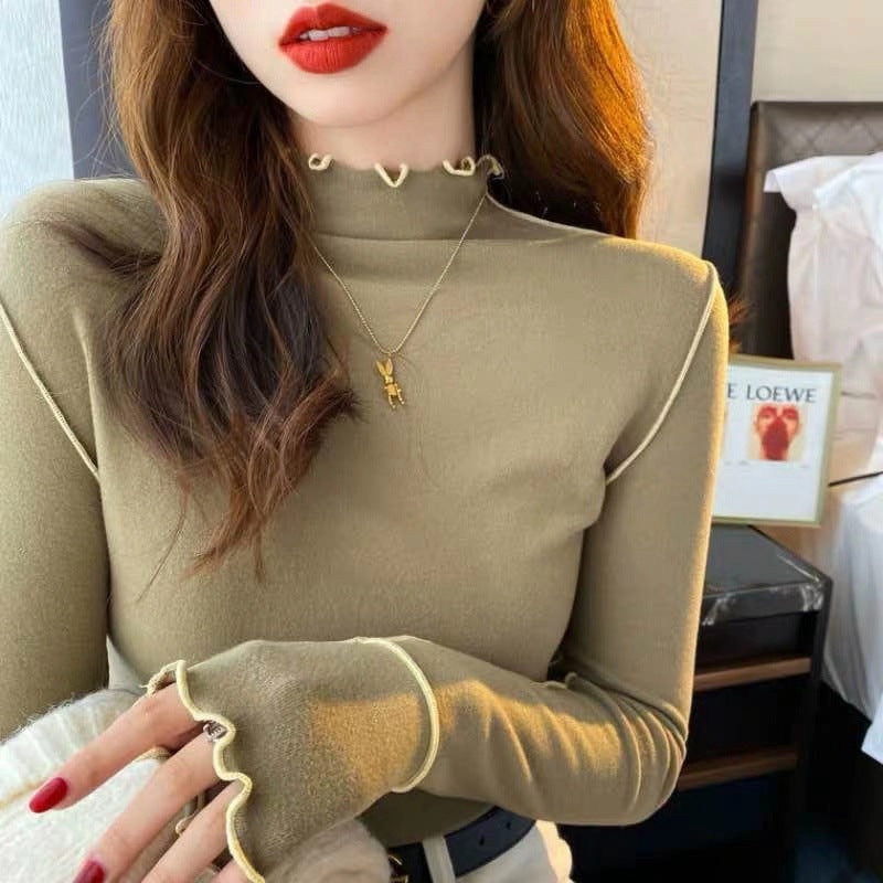 Half Turtleneck Wooden Ear Sweet Spicy Long-sleeved T-shirt Top For Women