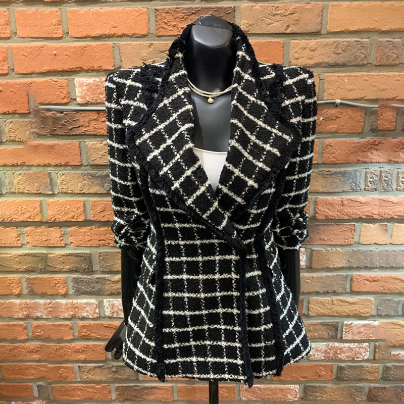 Fashion Small Fragrant Long-sleeved Tweed Plaid Small Suit Waist Woolen Coat Female Quilted