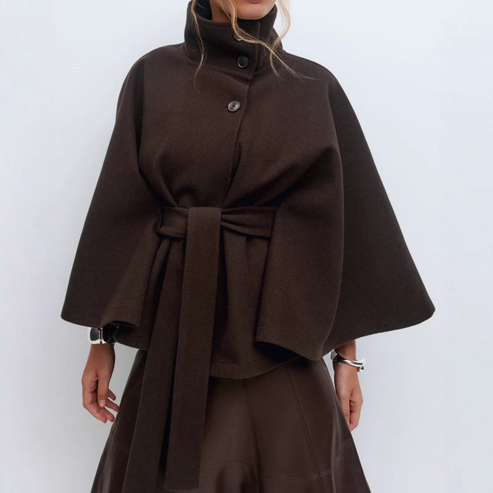 Women's Autumn And Winter New Solid Color Cloak Stand Collar Button Belt Trench Coat