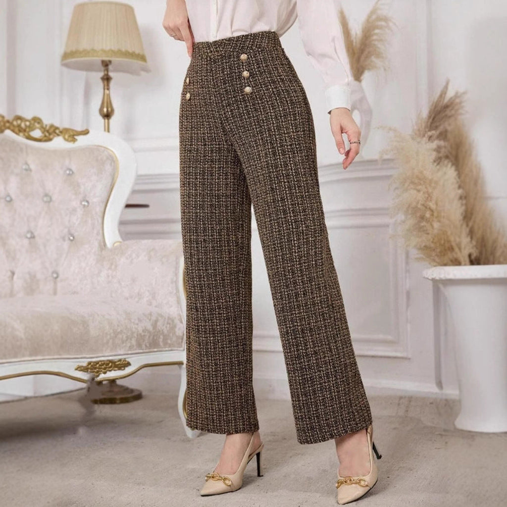 Versatile Classic Style Plaid Double-breasted Tweed High Waist Slimming Wide-leg Pants