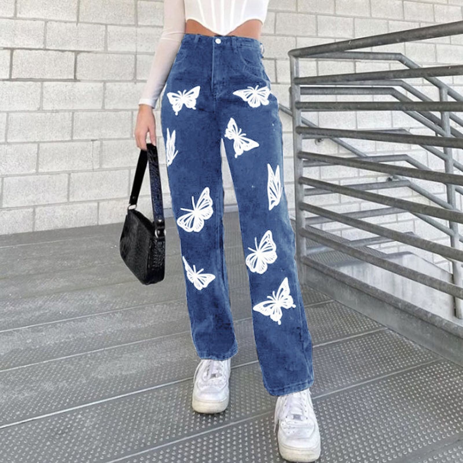 Women's Jeans New Butterfly Hot Flower Wide Leg Pants