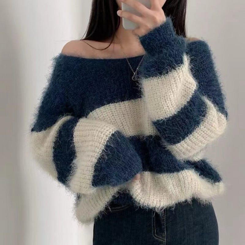 Autumn Winter Retro Lazy And Loose Round Neck Contrast Color Striped Sweater