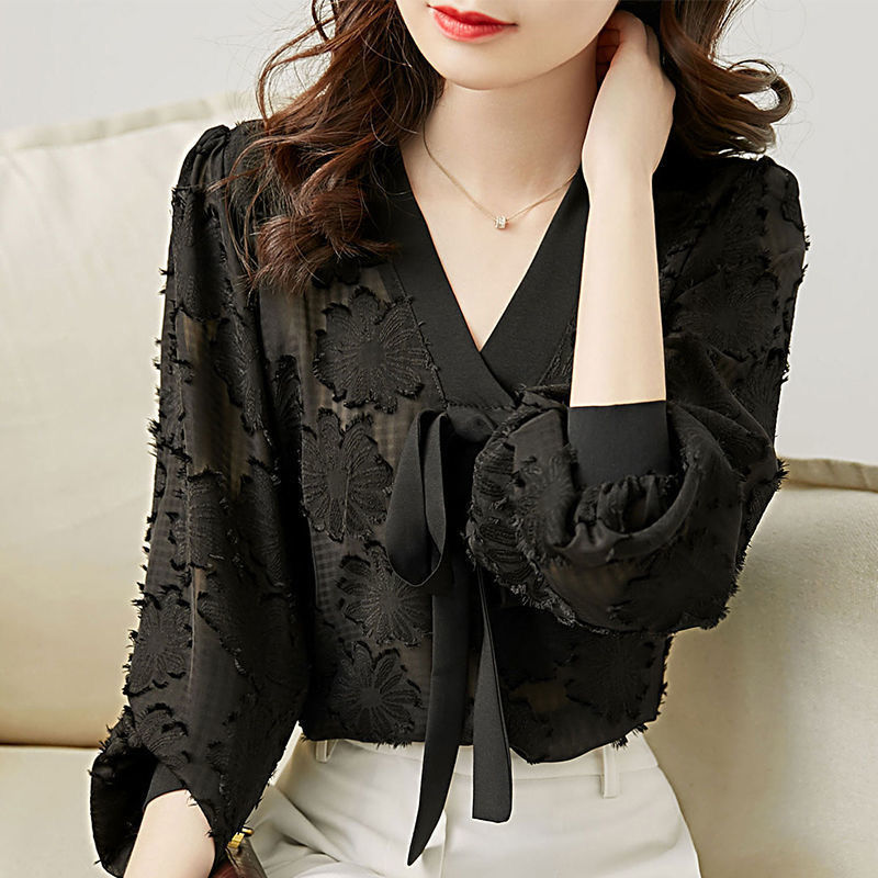 Lantern Sleeve Chiffon Shirt Women's Bowknot Loose Slimming Blouse