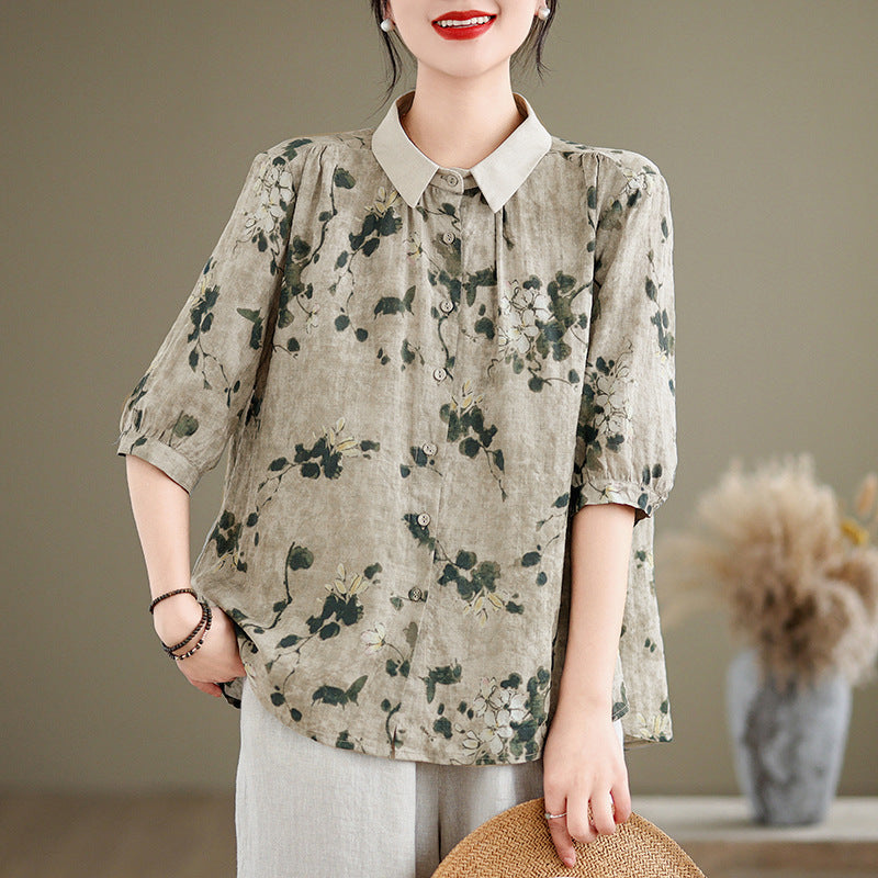 Women's Short-sleeved Shirt Cotton And Linen Style Top
