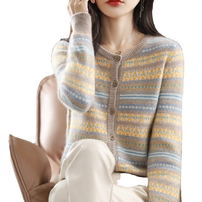 Women's Knitted Cardigan Mixed Color Stripe Contrast Color Jacquard Soft Glutinous Sweater Coat