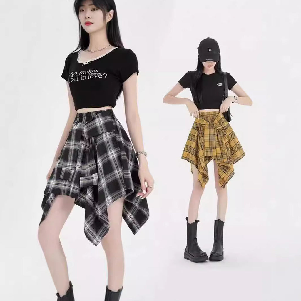 Design Irregular Plaid Women's Neologism Bow Lace Up Casual Sports Skirt