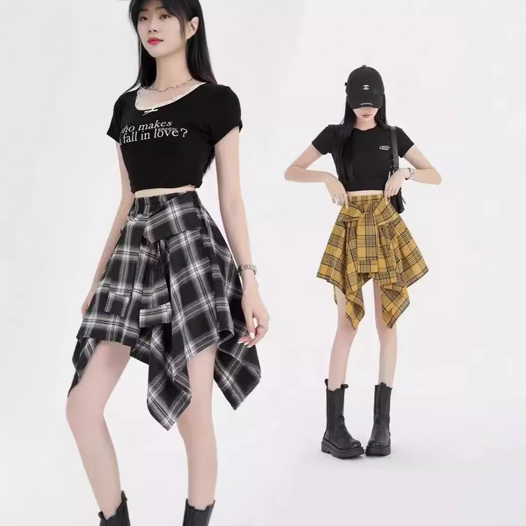 Design Irregular Plaid Women's Neologism Bow Lace Up Casual Sports Skirt