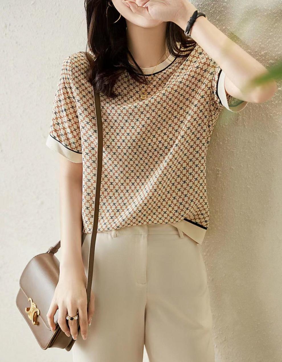 Artificial Silk Loose Slimming Ice Silk Top Printed Chiffon Shirt Fashionable Temperament Short Sleeve T-shirt