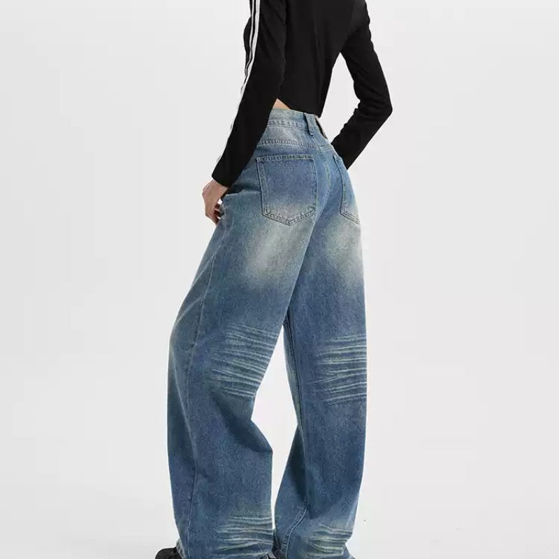 American-style Retro Blue Cat Wide-leg Jeans