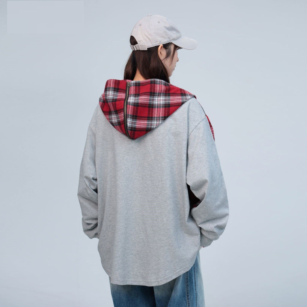 Plaid Stitching Gray Rayon Hooded Cape Shirt