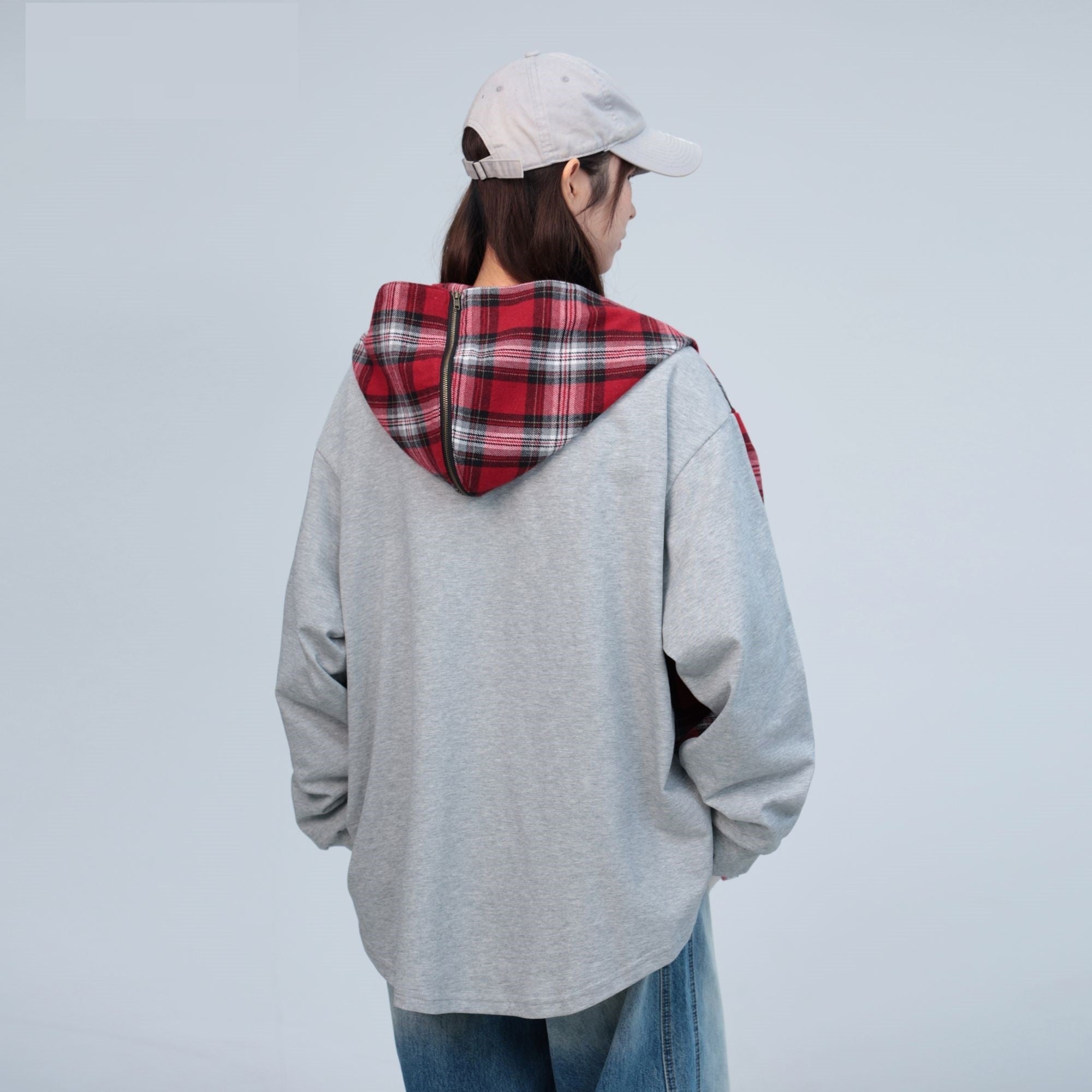 Plaid Stitching Gray Rayon Hooded Cape Shirt